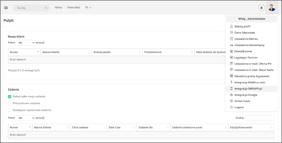 Integration von SMSAPI.pl in den Einstellungen von solarCRM und LegallyCRM