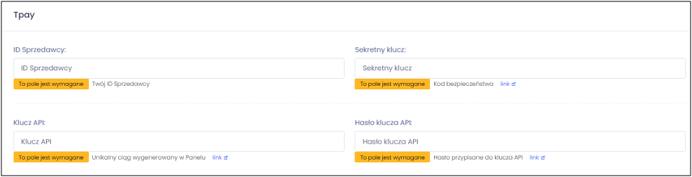 The Payments tab in Foodeliver with Tpay keys