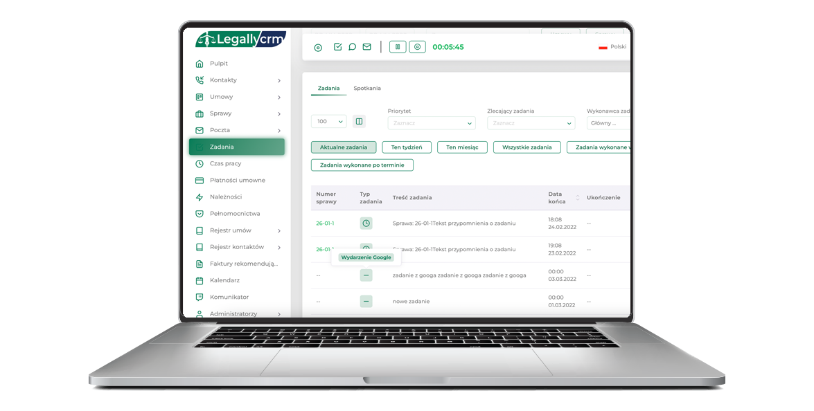 LegallyCRM — zadania i terminy w sprawach