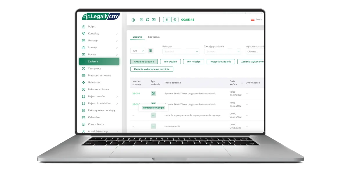 LegallyCRM — zadania i terminy w sprawach